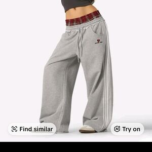 Aelfric Eden Gray Wide-Leg Sweatpants with Red Plaid Waistband. XL